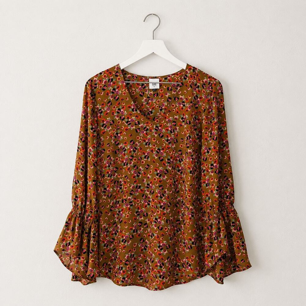 CAbi Burnished Blouse Boho Floral Bell Sleeve Art Teacher Tunic Top M